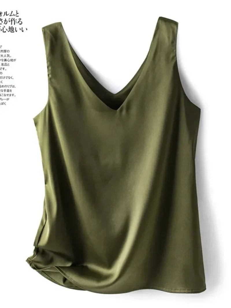 Woman T-shirts Elegant SILK Satin Blouse Sleeveless Female Casual Loose Tanks and Camis Solid Green Tops for Women