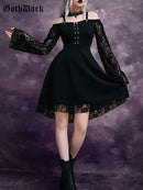 Goth Dark Gothic Aesthetic Vintage Women Dresses Grunge Lace Patchwork Flare Sleeve Black A-line Dress Punk Partywear