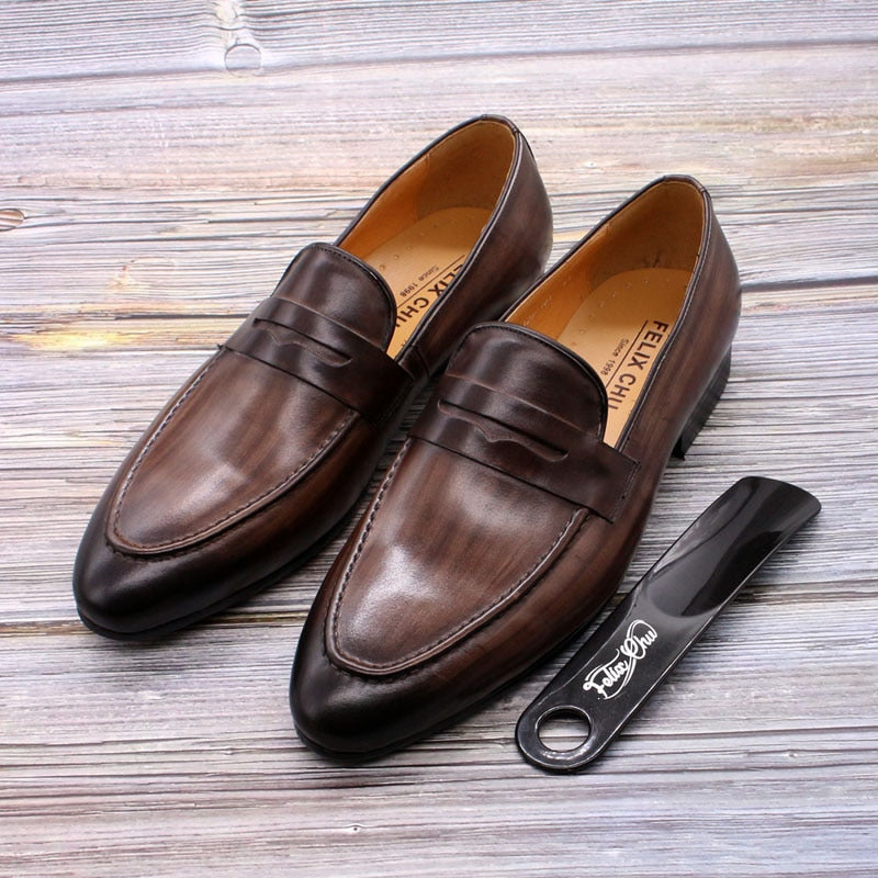 FELIX CHU Mens Penny Loafers Leather Shoes Genuine Leather Elegant Wedding Party Casual Dress Shoes Brown Black Shoes for Men