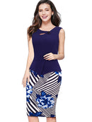 Nice-forever Print Floral Patchwork Button Casual Dress Business Three Quarter Zip Back Bodycon Office Dress b288