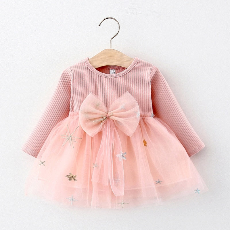 Melario Baby Girls Dress Cute Bow Mesh Newborn Dress Long Sleeved Princess Dresses For Girl Toddler Kids Dress