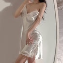 Backless Faux Silk Nightdress With Bra Patchwork Women Sexy Suspender Nightgown Sleepwear Hollow Lace Intimate Lingerie