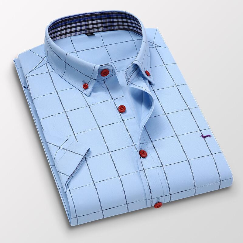 Men Casual Business Harmont Blouses Short Sleeve 100%Cotton Soft Plaid Slim Fit Men's Shirt Embroidery Blaine