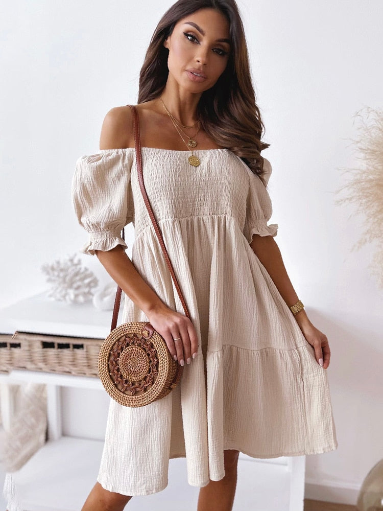 Women Sexy Backless Midi Dress Fashion Lady Slash Neck White Puff Sleeve Big Swing Party Beach Dresses Casual Robe