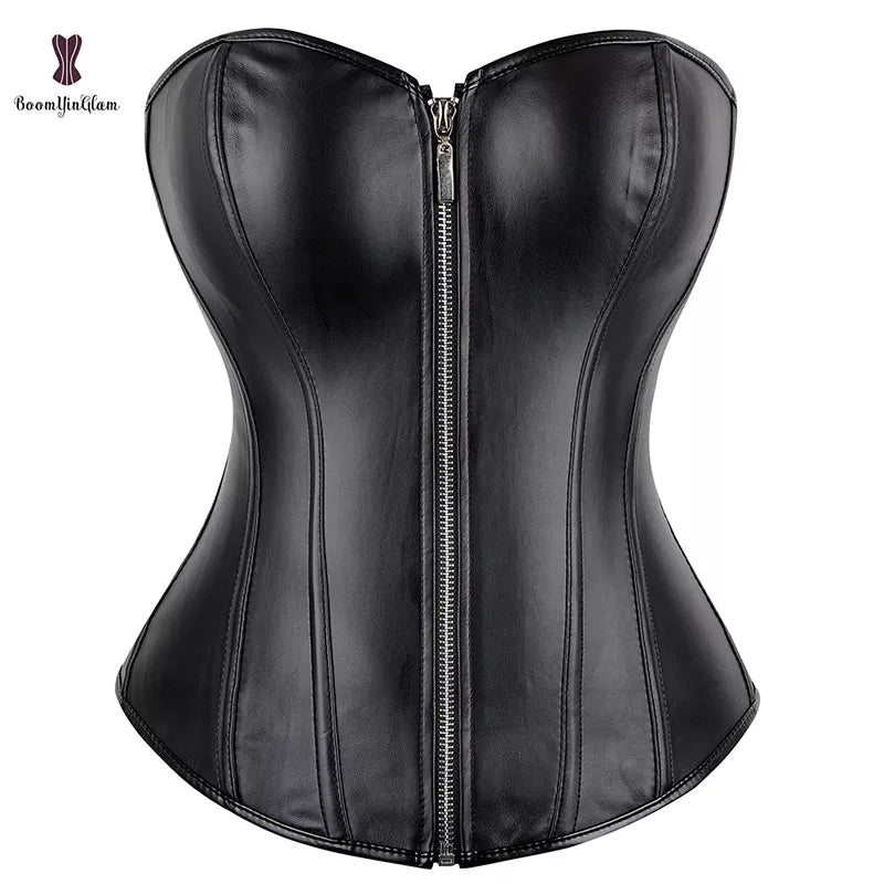 Punk Style Push Up Women'S Plus Size Slimming Body Shapewear Gothic Faux Leather Corset Bustier With Zip 834#