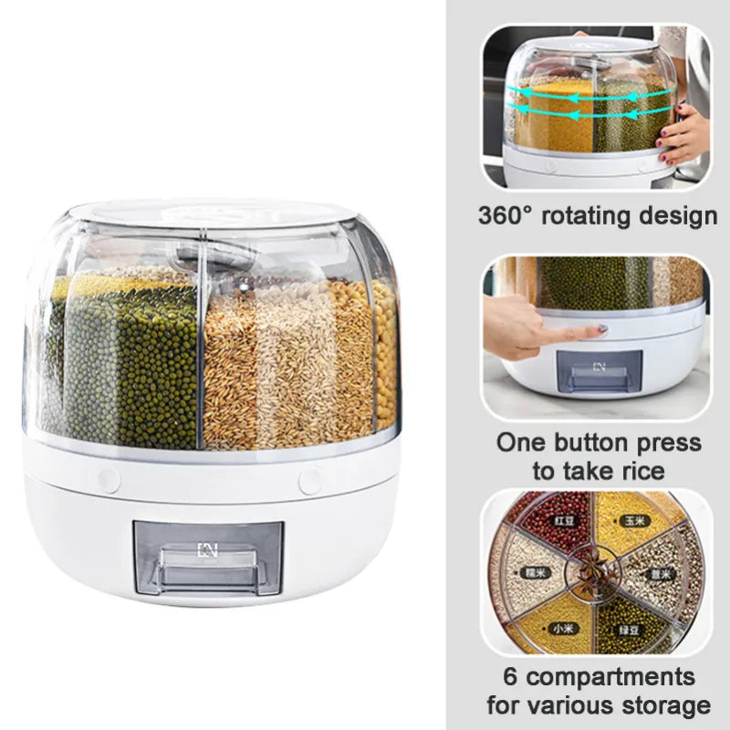 6KG Rotatable 360 Degree Rice Dispenser Sealed Dry Grain Bucket Dispenser Moisture-proof Kitchen Food Container Storage Box