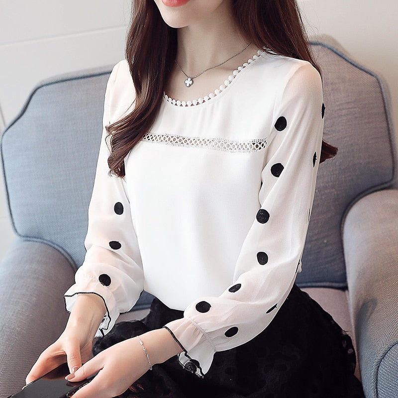 Long Sleeve Women Blouse Shirt Fashion Chiffon Women Clothing Sweet O-neck Black Dot White Feminine Tops Blusas D383 30
