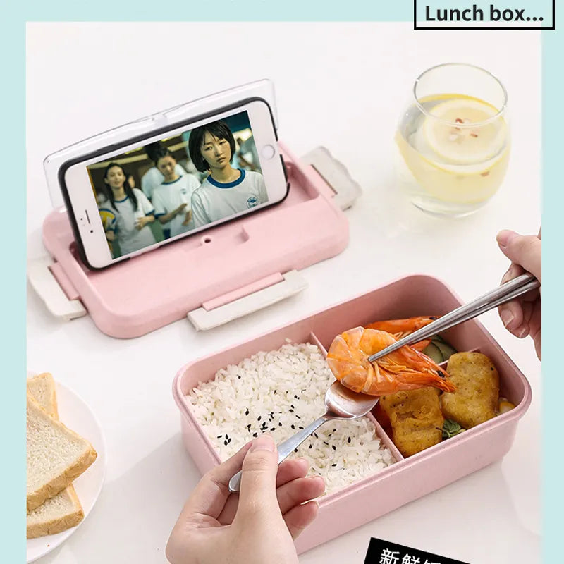 Microwave Lunch Box with Spoon Chopsticks Wheat Straw Dinnerware Food Storage Container Children Kids School Office Bento Box