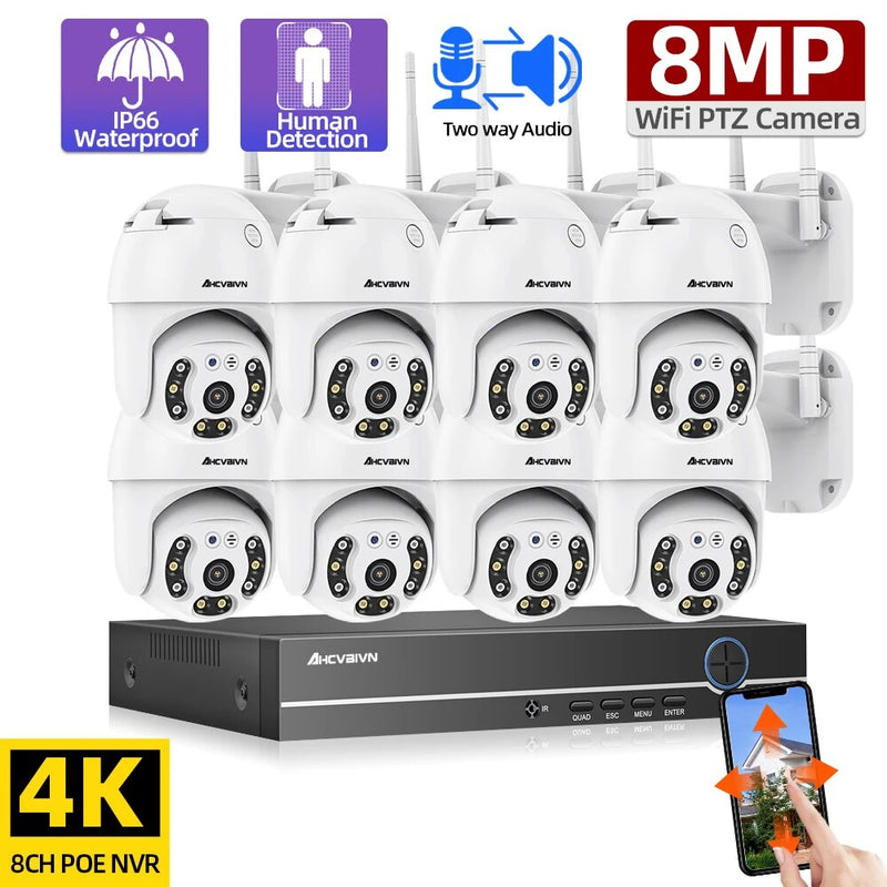 8CH 8MP WiFi PTZ Security Camera System Two Way Audio Outdoor Color Night Vision IP Camera CCTV Video Surveillance NVR Set