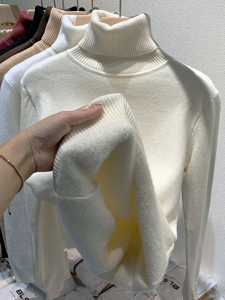 Turtleneck Sweater Women Elegant Thicken Velvet Lined Warm Sueter Knitted Pullover Slim Tops Jersey Knitwear Jumper New