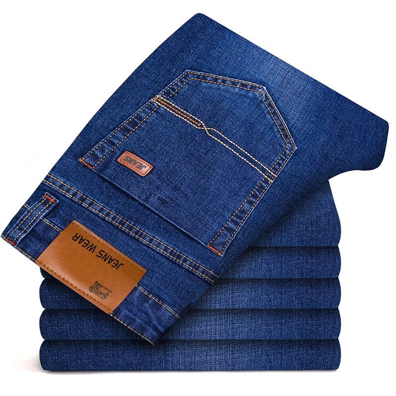 Men's Fashion Business Jeans Classic Style Casual Stretch Slim Jean Pants Male Brand Denim Trousers Black Blue