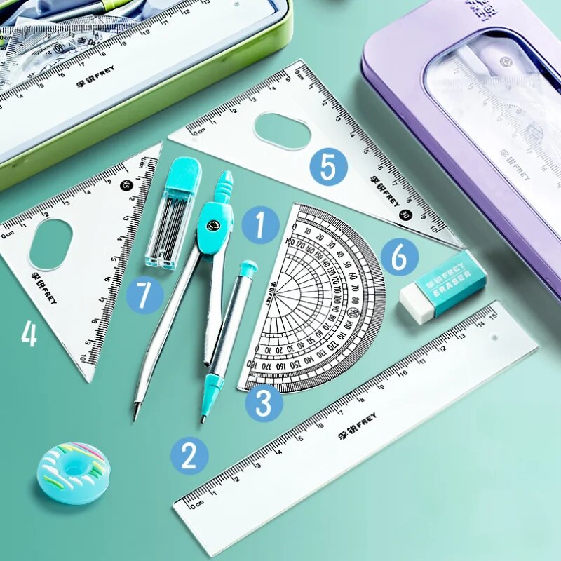 7pc/Set Rulers Geometry Maths Drawing Tool Stationery Rulers Drafting Supplies Kids Ruler Compass with Metal Box School Supplies