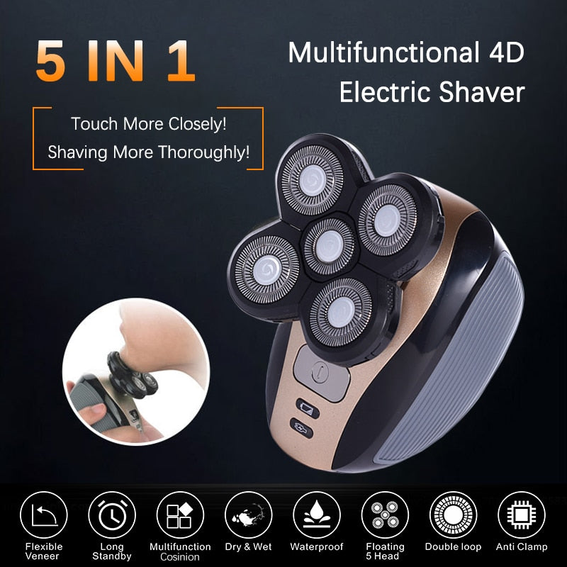 5 in 1 Electric Shaver For Men Bald Head Polish Hair Clipper Trimmer Floating 5 Blade Heads Shaving Machine Rechargeable Razors