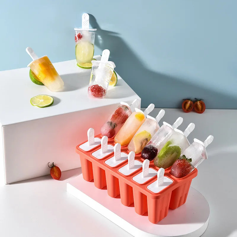 4/6/10 Hole Silicone Ice Cream Mold with Reusable Sticks Chocolate Dessert Popsicle Moulds Tray DIY Ice Cube Maker Tools