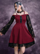 Goth Dark Gothic Aesthetic Vintage Women Dresses Grunge Lace Patchwork Flare Sleeve Black A-line Dress Punk Partywear