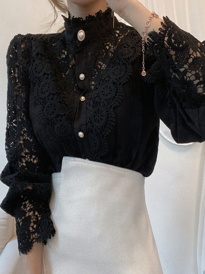 Petal Sleeve Stand Collar Hollow Out Flower Lace Patchwork