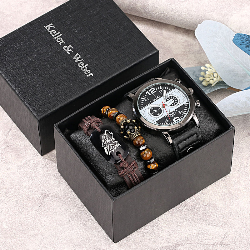 Personality Men Watch Bracelets Gift Set Luxury Leather Quartz Date Watches with Box for Boyfriend Gifts Idea for Father&