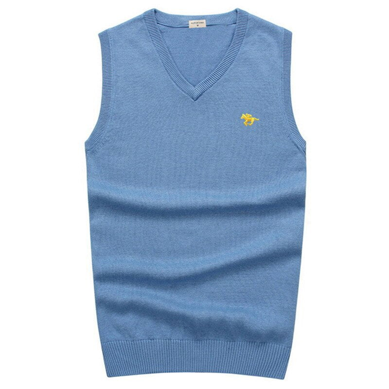 High-quality Pony Vests V-neck Knitted Sweaters Casual Men Sweaters Pullover Slim Fit 100%Cotton Solid Pullover Plus Size