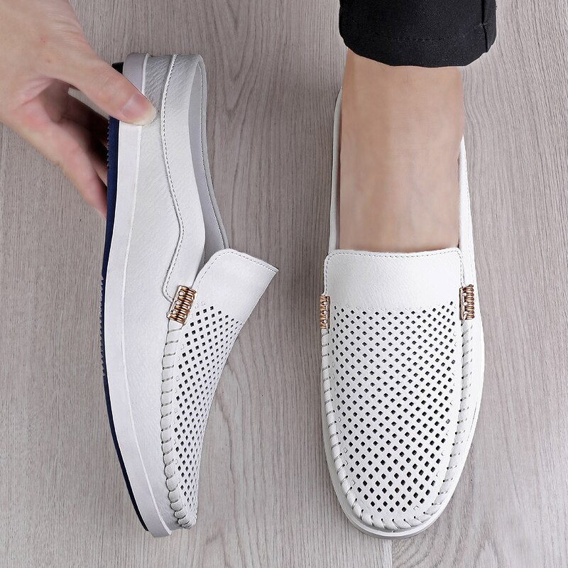 Half Shoes For Men Leather Driving Casual Shoes Backless Men's Loafers Slippers Mules Sandals Slip-On Flats Slides