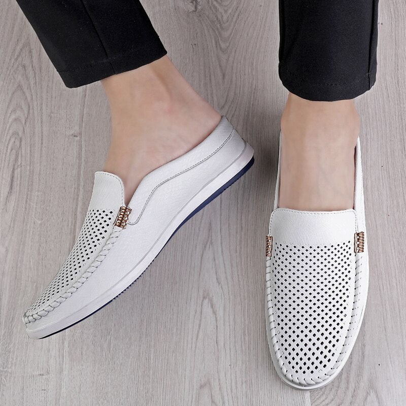 Half Shoes For Men Leather Driving Casual Shoes Backless Men's Loafers Slippers Mules Sandals Slip-On Flats Slides