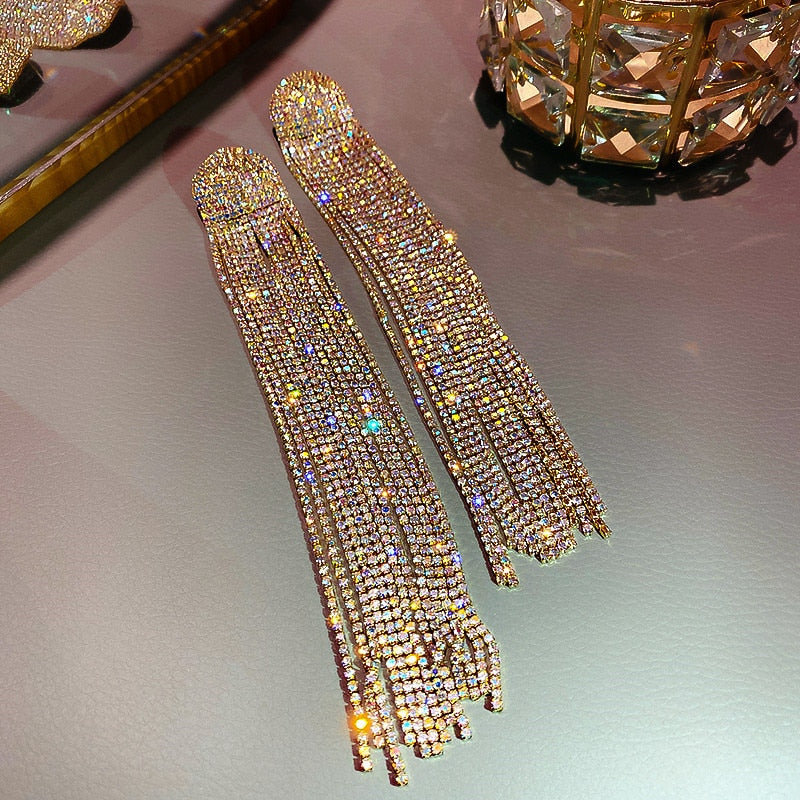 FYUAN Long Tassel Full Rhinestone Drop Earrings for Women Oversize Crystal Dangle Earrings Fashion Jewelry Accessories