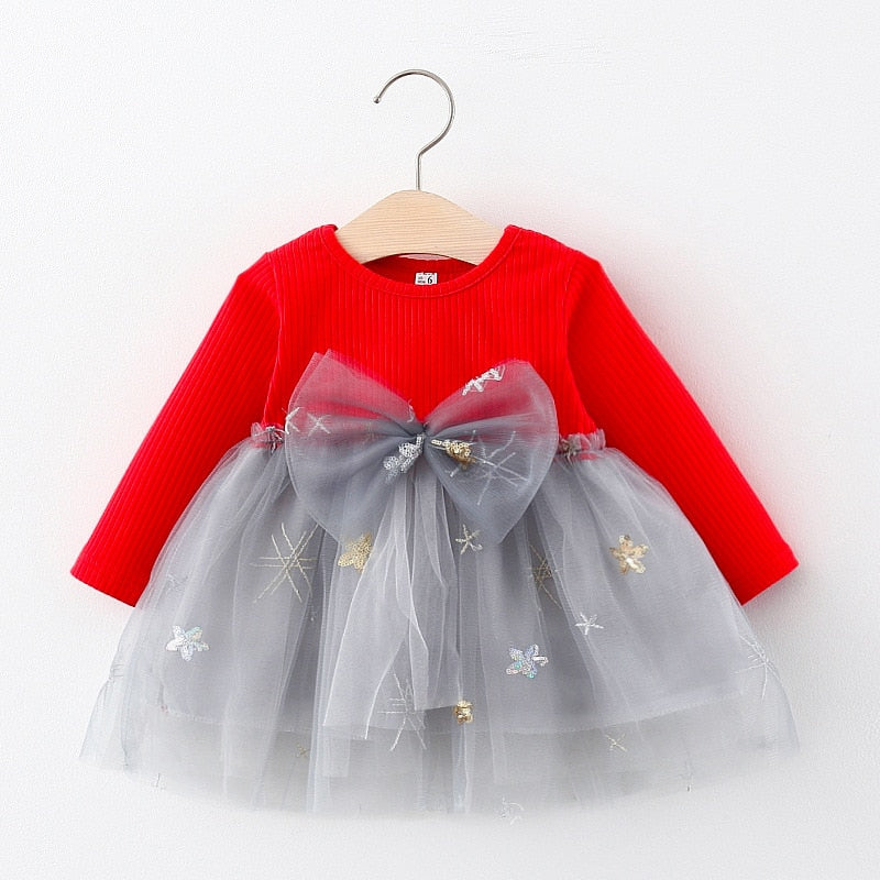 Melario Baby Girls Dress Cute Bow Mesh Newborn Dress Long Sleeved Princess Dresses For Girl Toddler Kids Dress