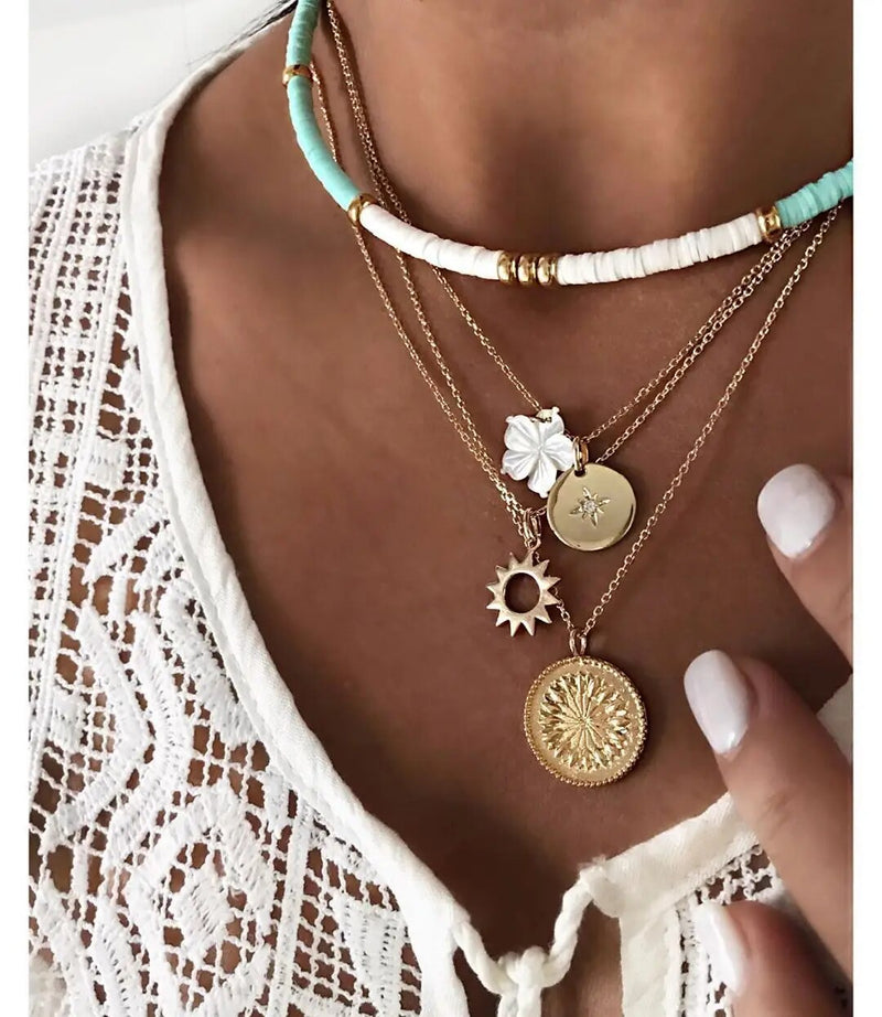 Fashion New Bohemia Soft Clay Shell Star Sun Pendant Chain Layered Necklace for Women Girls Summer Beach Simple Layered Necklace