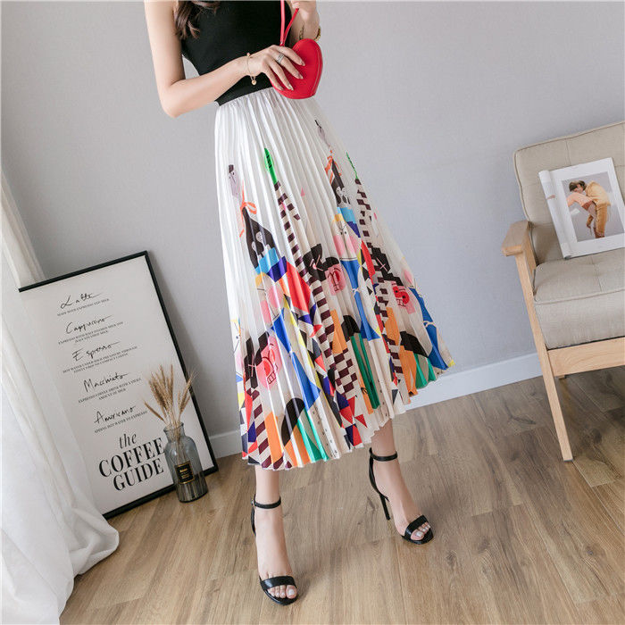 Pleated Skirt Women New  Print Cartoon Pattern  Elastic Women Skirts Big Swing Party Holiday High Waist Skirts