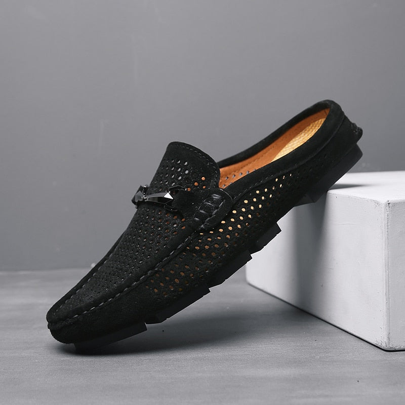 Fashion Half Shoes For Men Casual Shoes Black Leather Slip On Loafers Outdoor Breathable Slippers Lightweight Mules Men's Shoes