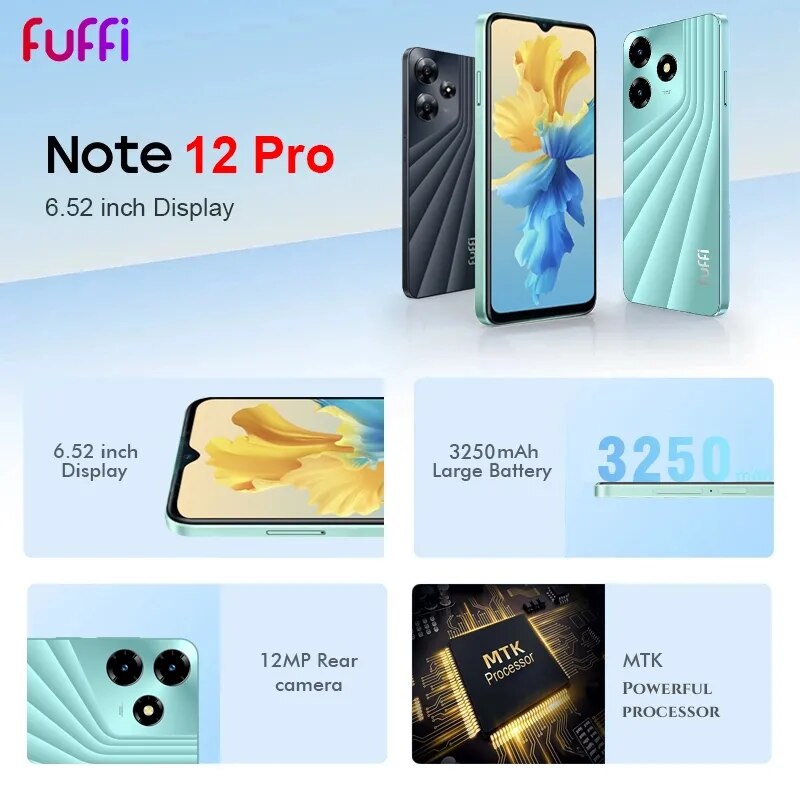 Global FUFFI Note 12 Pro Smartphone Android 64GB ROM 3250mAh Mobile phones 6.52 inch 4G Network phone Google  celulares