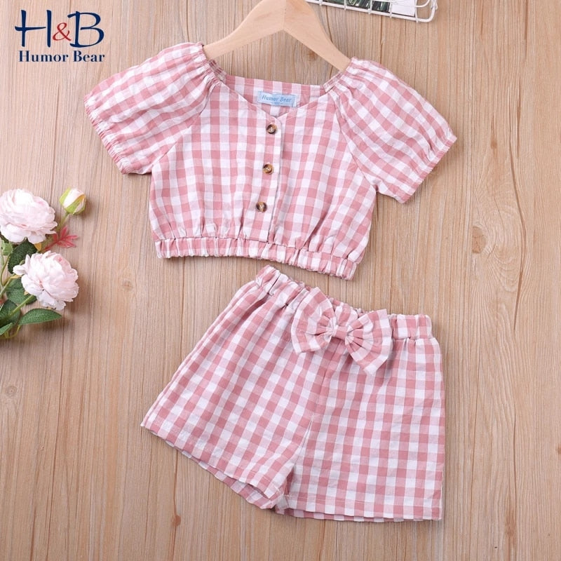 Humor Bear Girl Clothes Sets 2Pcs Fashion Navy Short Sleeve +Pleated Skirt Kids Clothes Suit Cute Toddler Clothes