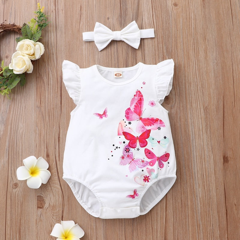 Baby Clothes Butterfly Print Flying Sleeve Cotton Baby Bodysuits+headband Baby Girl Clothes Baby Romper 0-18M