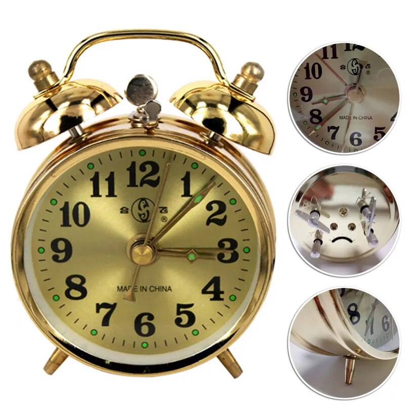 Gold Mechanical Alarm Clock Horseshoe  Manual Wind Up Vintage Metal Clock