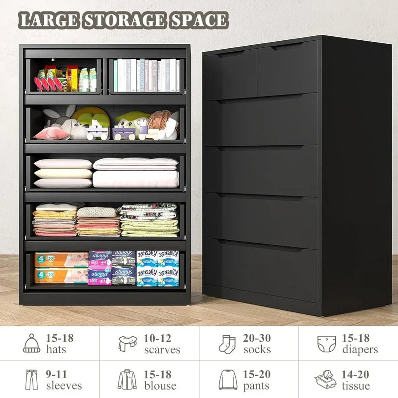 Wooden Storage Locker Cabinet Dresser for Bedroom with 6 Wood Drawers Black Dresser and Tall Dresser with Large Organizer Wood D