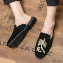 Embroidery Men's Mule Leather Half Shoes For Men Loafers Slippers Backless Casual Shoes Mules Sandals Outdoor Man Slides