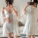 Satin Robe Set Sexy Female Sleepwear Kimono Bathrobe Lace Trim Bride Bridesmaid Dressing Gown Casual Nightgown