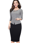 Nice-forever Print Floral Patchwork Button Casual Dress Business Three Quarter Zip Back Bodycon Office Dress b288