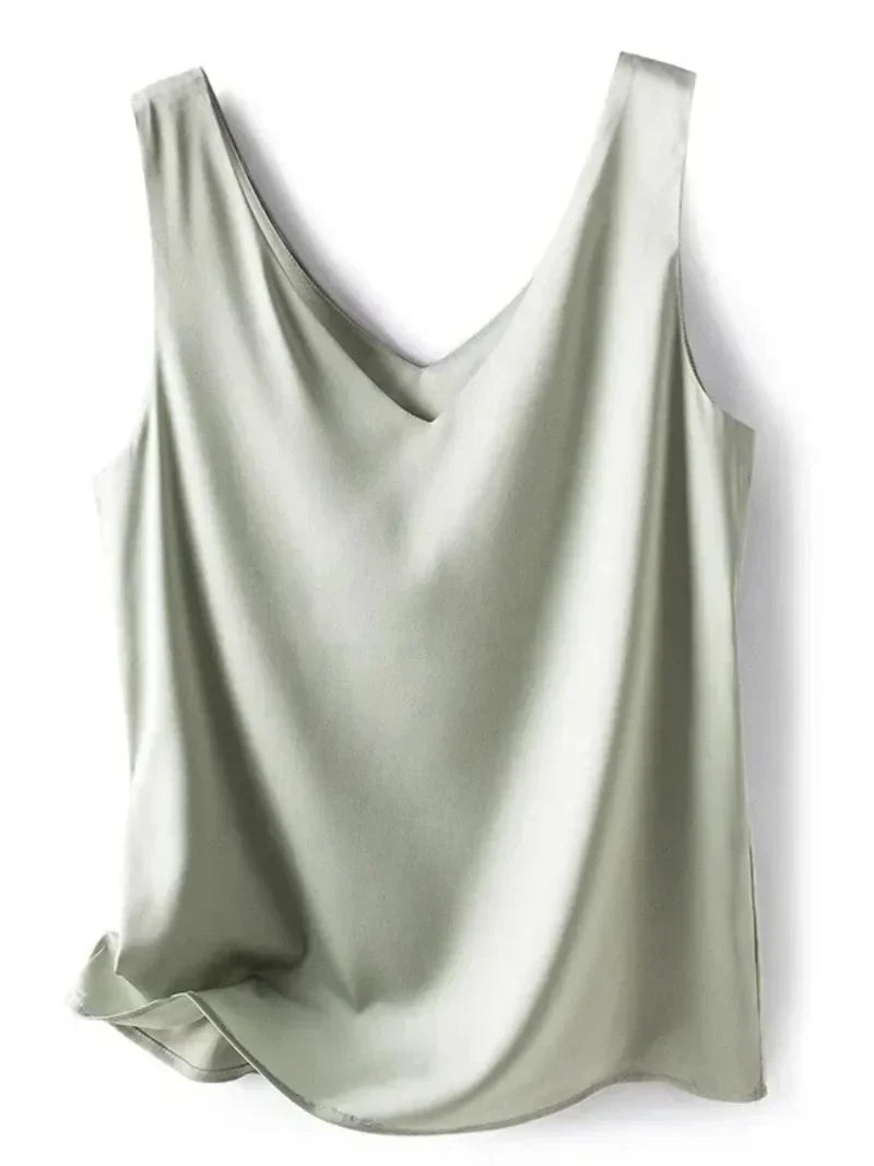 Woman T-shirts Elegant SILK Satin Blouse Sleeveless Female Casual Loose Tanks and Camis Solid Green Tops for Women