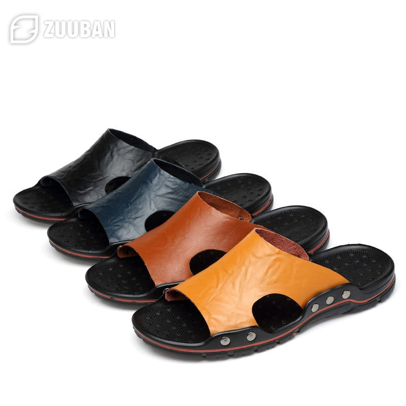 Mens Slippers Outdoor Genuine Leather Slides for Men Couple Non-slip Women Home Fashion Casual Single Shoes Large Size