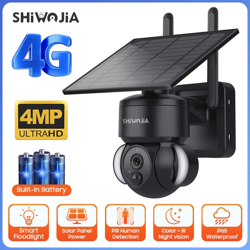 SHIWOJIA Outdoor Camera 4G Wifi Solar Powered 7500mAh Battery with 5W Solar Panels 4MP Color Night Vision Wireless Garden CCTV