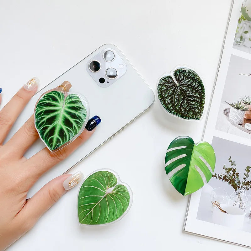 Green Leaves Grip Tok Simulation Leaf socket Folding Griptok Phone Holder Finger Ring Support Foldable Holder Smart phone Socket