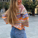 Cardigan Top Women Long Sleeve Single Button Decorated Slim Rainbow Striped Patchwork Women Sweater Fashion