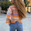 Cardigan Top Women Long Sleeve Single Button Decorated Slim Rainbow Striped Patchwork Women Sweater Fashion