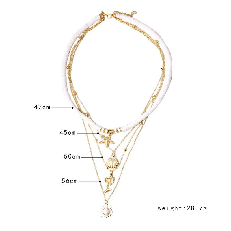 Fashion New Bohemia Soft Clay Shell Star Sun Pendant Chain Layered Necklace for Women Girls Summer Beach Simple Layered Necklace