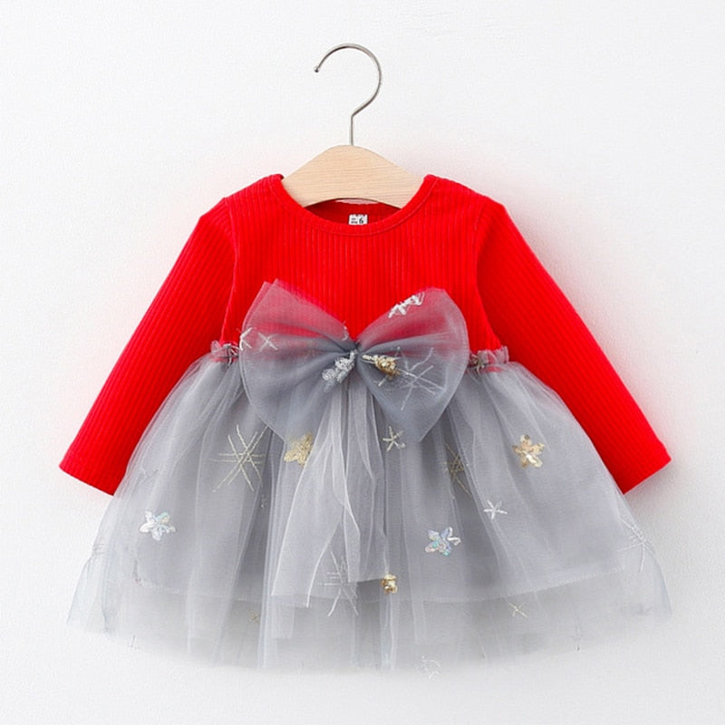 Melario Baby Girls Dress Cute Bow Mesh Newborn Dress Long Sleeved Princess Dresses For Girl Toddler Kids Dress