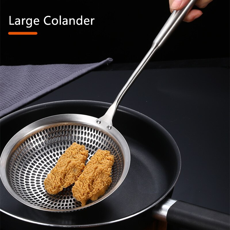 Stainless Steel Large Colander Fine Holes Skimmer Long Handle French Fries Strainer Home Gadget Kitchen Utensils Cooking Tools