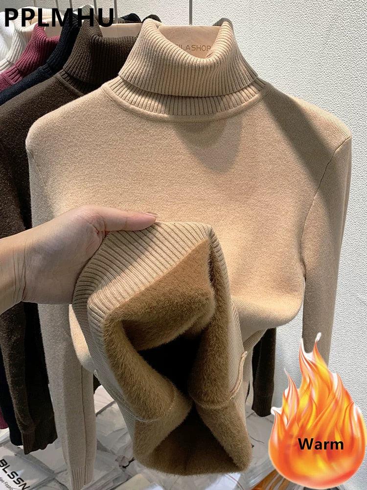 Turtleneck Sweater Women Elegant Thicken Velvet Lined Warm Sueter Knitted Pullover Slim Tops Jersey Knitwear Jumper New
