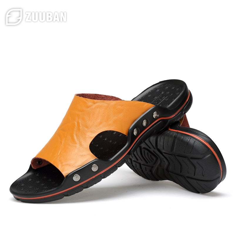 Mens Slippers Outdoor Genuine Leather Slides for Men Couple Non-slip Women Home Fashion Casual Single Shoes Large Size