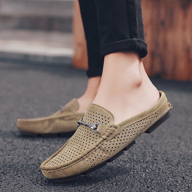 Fashion Half Shoes For Men Casual Shoes Black Leather Slip On Loafers Outdoor Breathable Slippers Lightweight Mules Men's Shoes