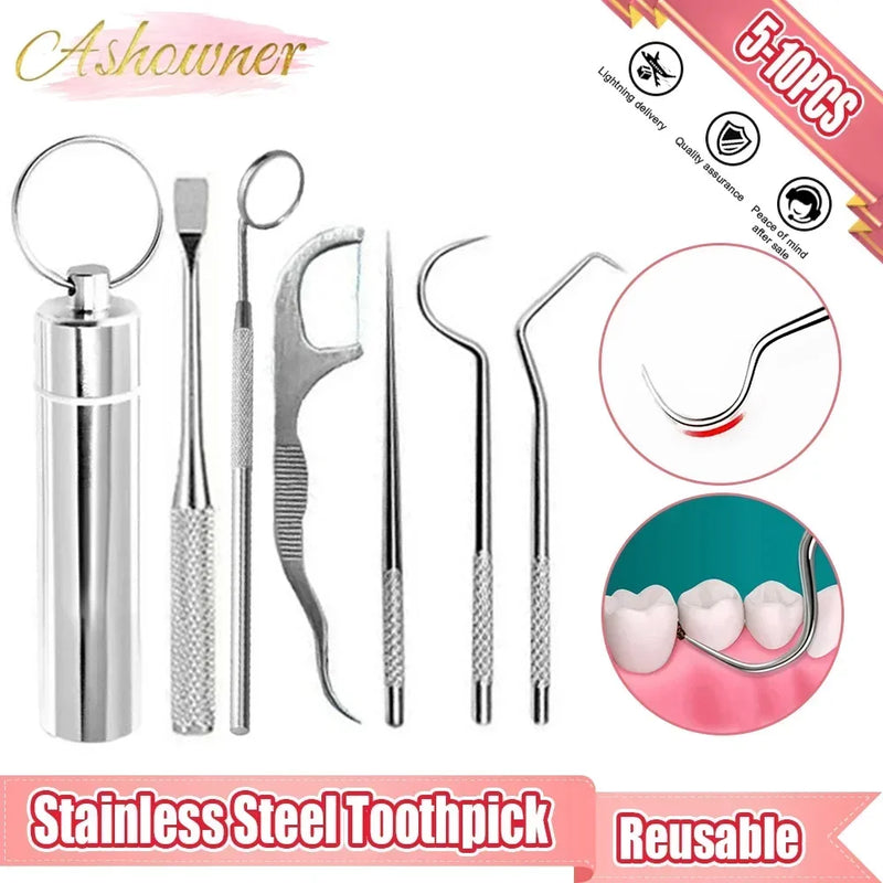 Stainless Steel Toothpick Set Tooth Flossing Reusable Toothpicks Portable Oral Cleaning Tools Teeth Cleaner for Oral Care